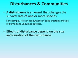 Disturbances & Communities A  disturbance  is an event that changes the survival rate of one or more species. For example, Fires in Yellowstone in 1988 created a mosaic of burned and unburned patches. Effects of disturbance depend on the size and duration of the disturbance. 