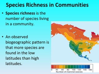 Species Richness in Communities Species richness  is the number of species living in a community. An observed biogeographic pattern is that more species are found in the low latitudes than high latitudes. 