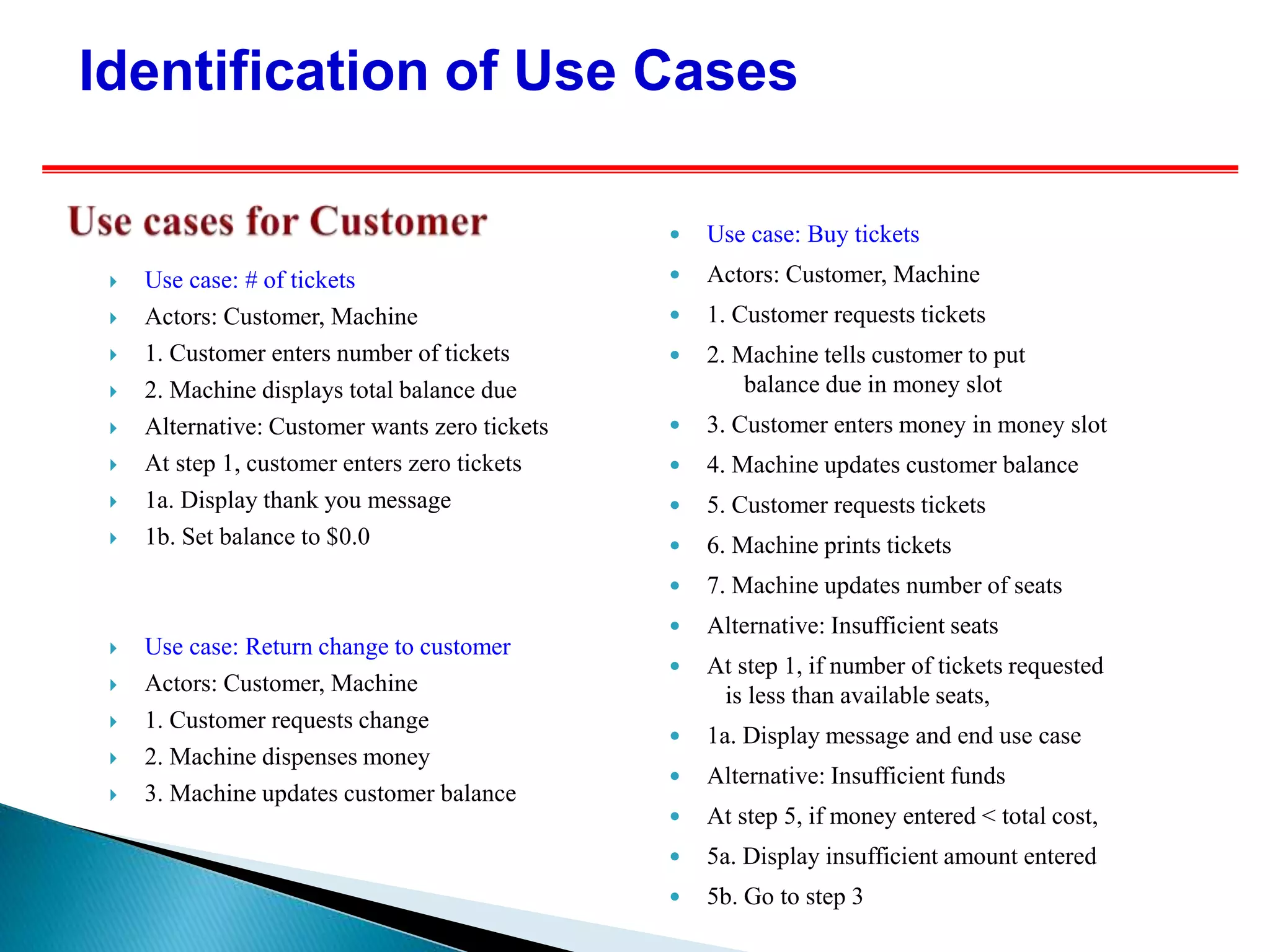 Use case: # of tickets
 Actors: Customer, Machine
 1. Customer enters number of tickets
 2. Machine displays total balance due
 Alternative: Customer wants zero tickets
 At step 1, customer enters zero tickets
 1a. Display thank you message
 1b. Set balance to $0.0
 Use case: Return change to customer
 Actors: Customer, Machine
 1. Customer requests change
 2. Machine dispenses money
 3. Machine updates customer balance
 Use case: Buy tickets
 Actors: Customer, Machine
 1. Customer requests tickets
 2. Machine tells customer to put
balance due in money slot
 3. Customer enters money in money slot
 4. Machine updates customer balance
 5. Customer requests tickets
 6. Machine prints tickets
 7. Machine updates number of seats
 Alternative: Insufficient seats
 At step 1, if number of tickets requested
is less than available seats,
 1a. Display message and end use case
 Alternative: Insufficient funds
 At step 5, if money entered < total cost,
 5a. Display insufficient amount entered
 5b. Go to step 3
Identification of Use Cases
 
