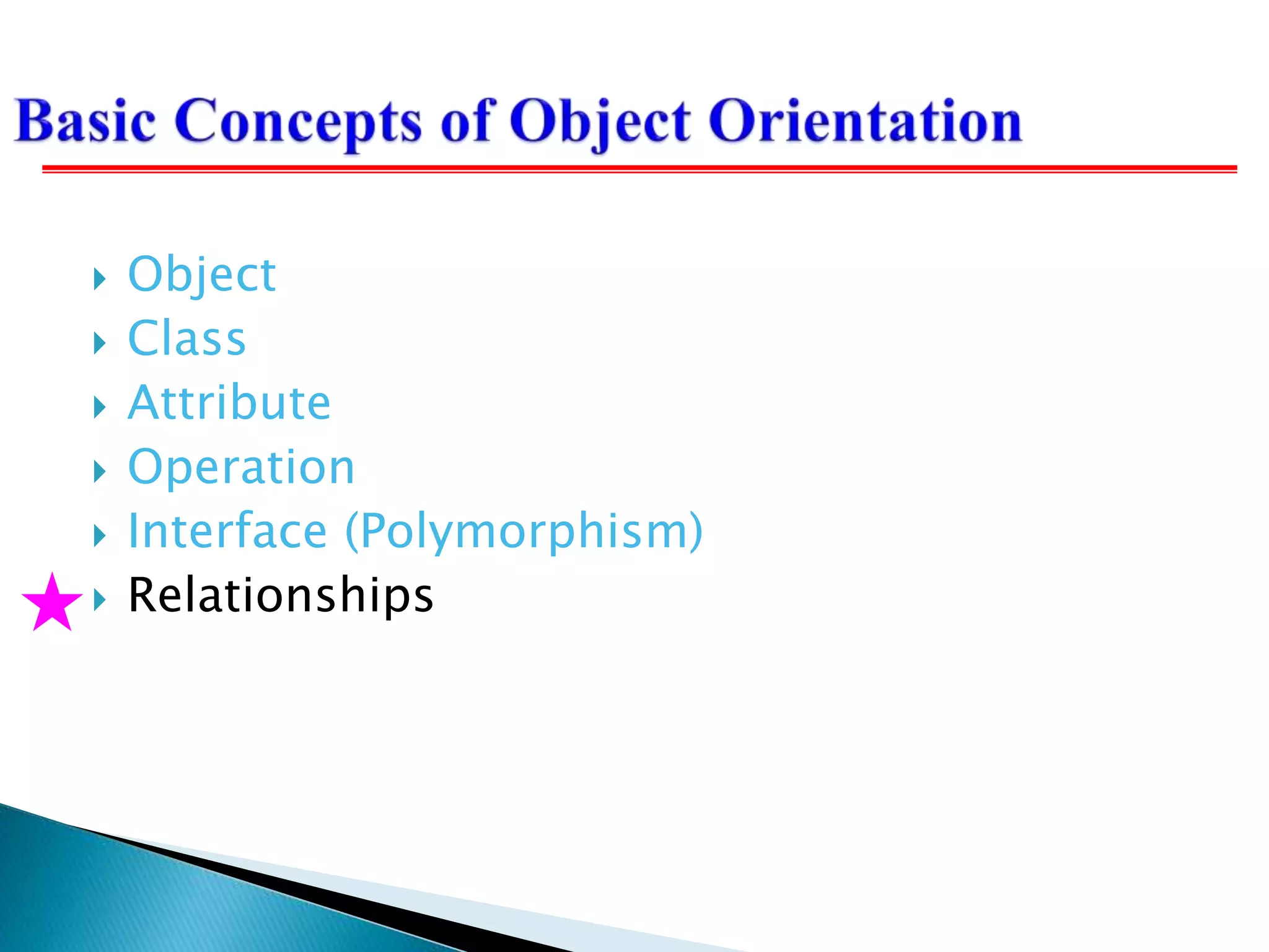  Object
 Class
 Attribute
 Operation
 Interface (Polymorphism)
 Relationships
 
