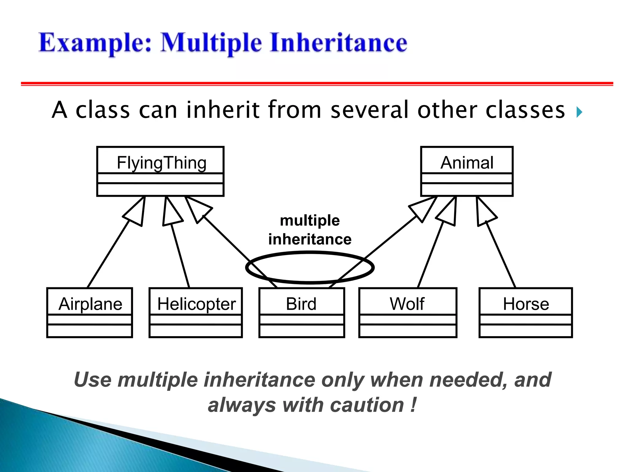 Airplane Helicopter Wolf Horse
FlyingThing Animal
Bird
multiple
inheritance
Use multiple inheritance only when needed, and
always with caution !

A class can inherit from several other classes
 