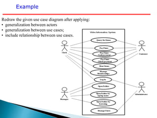 Redraw the given use case diagram after applying:
• generalization between actors
• generalization between use cases;
• include relationship between use cases.
Example
 