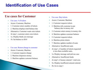  Use case: # of tickets
 Actors: Customer, Machine
 1. Customer enters number of tickets
 2. Machine displays total balance due
 Alternative: Customer wants zero tickets
 At step 1, customer enters zero tickets
 1a. Display thank you message
 1b. Set balance to $0.0
 Use case: Return change to customer
 Actors: Customer, Machine
 1. Customer requests change
 2. Machine dispenses money
 3. Machine updates customer balance
 Use case: Buy tickets
 Actors: Customer, Machine
 1. Customer requests tickets
 2. Machine tells customer to put
balance due in money slot
 3. Customer enters money in money slot
 4. Machine updates customer balance
 5. Customer requests tickets
 6. Machine prints tickets
 7. Machine updates number of seats
 Alternative: Insufficient seats
 At step 1, if number of tickets requested
is less than available seats,
 1a. Display message and end use case
 Alternative: Insufficient funds
 At step 5, if money entered < total cost,
 5a. Display insufficient amount entered
 5b. Go to step 3
Identification of Use Cases
 