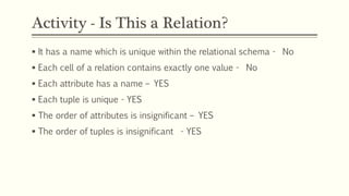 Activity - Is This a Relation?
 It has a name which is unique within the relational schema - No
 Each cell of a relation contains exactly one value - No
 Each attribute has a name – YES
 Each tuple is unique - YES
 The order of attributes is insignificant – YES
 The order of tuples is insignificant - YES
 