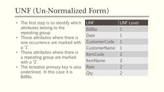 UNF (Un-Normalized Form)
• The first step is to identify which
attributes belong to the
repeating group.
• Those attributes where there is
one occurrence are marked with
a ‘1’.
• Those attributes where there is
a repeating group are marked
with a ‘2’.
• The tentative primary key is also
underlined. In this case it is
BillNo.
UNF UNF Level
BillNo 1
Date 1
CustomerCode 1
CustomerName 1
ItemCode 2
ItemName 2
Rate 2
Qty 2
 