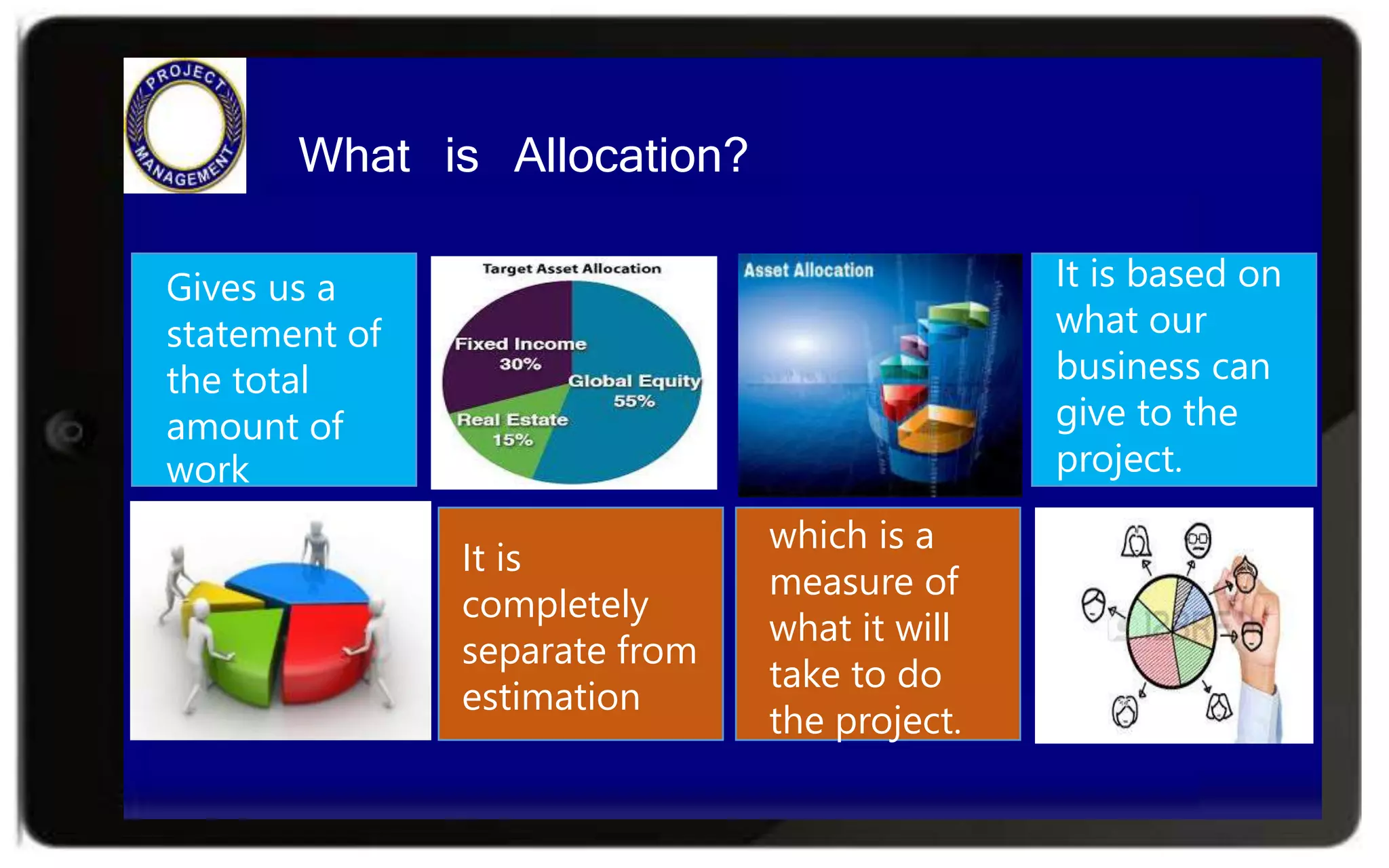 Gives us a
statement of
the total
amount of
work
It is
completely
separate from
estimation
which is a
measure of
what it will
take to do
the project.
What is Allocation?
It is based on
what our
business can
give to the
project.
 