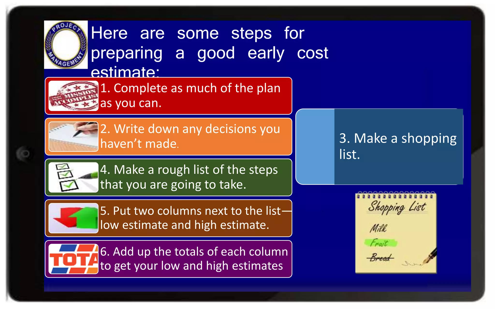 Here are some steps for
preparing a good early cost
estimate:
1. Complete as much of the plan
as you can.
2. Write down any decisions you
haven’t made.
4. Make a rough list of the steps
that you are going to take.
5. Put two columns next to the list—
low estimate and high estimate.
6. Add up the totals of each column
to get your low and high estimates
3. Make a shopping
list.
 