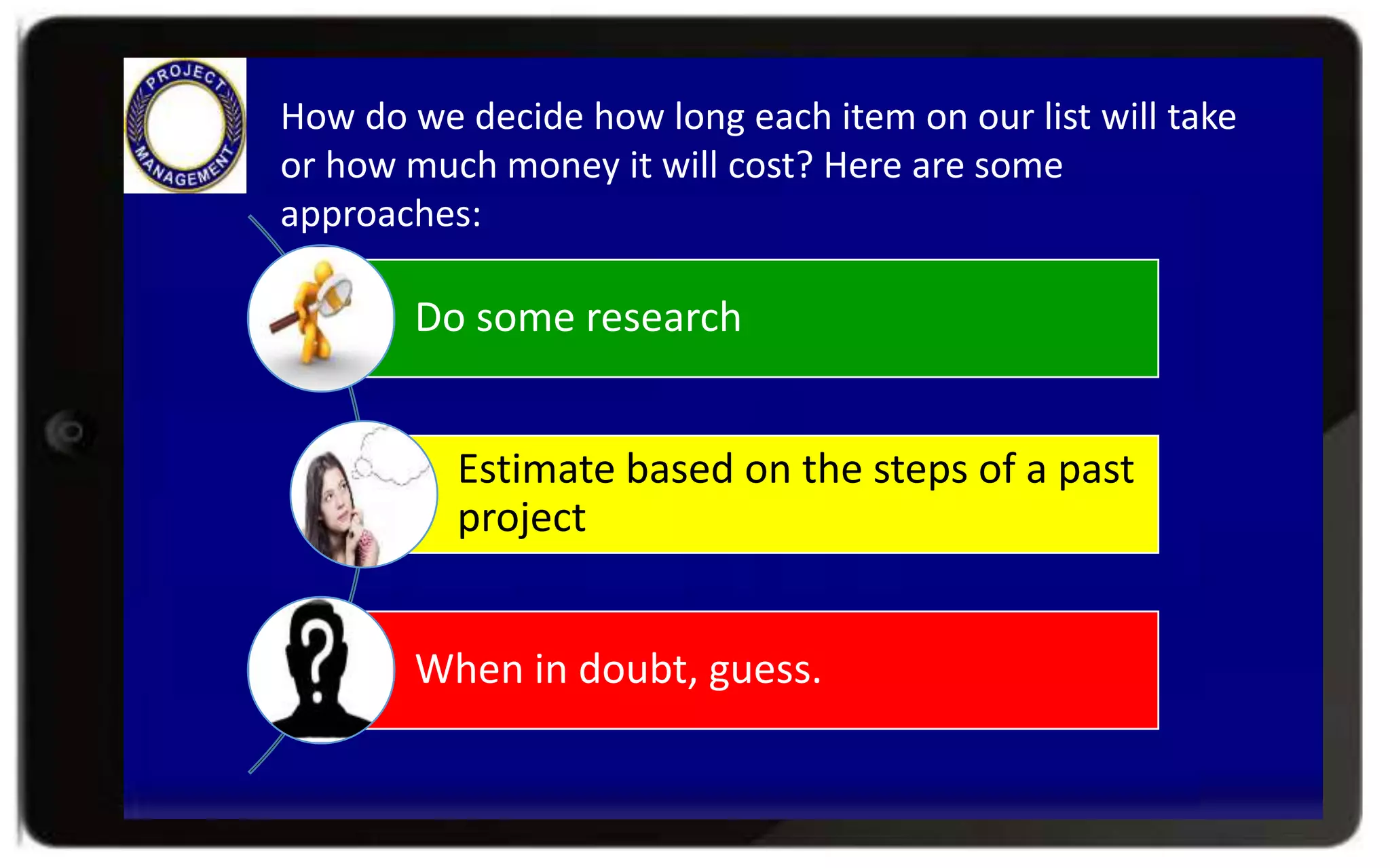 How do we decide how long each item on our list will take
or how much money it will cost? Here are some
approaches:
Do some research
Estimate based on the steps of a past
project
When in doubt, guess.
 