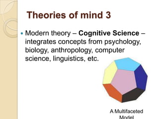 Theories of mind 3Modern theory – Cognitive Science – integrates concepts from psychology, biology, anthropology, computerscience, linguistics, etc.A Multifaceted Model
