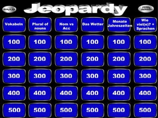 100 100 100 100 100 100 200 200 200 200 200 200 300 300 300 300 300 300 400 400 400 400 400 400 500 500 500 500 500 500 Vokabeln Plural of nouns Nom vs Acc Das Wetter Monate Jahreszeiten Wie  viel(e)? + Sprachen Jeopardy 