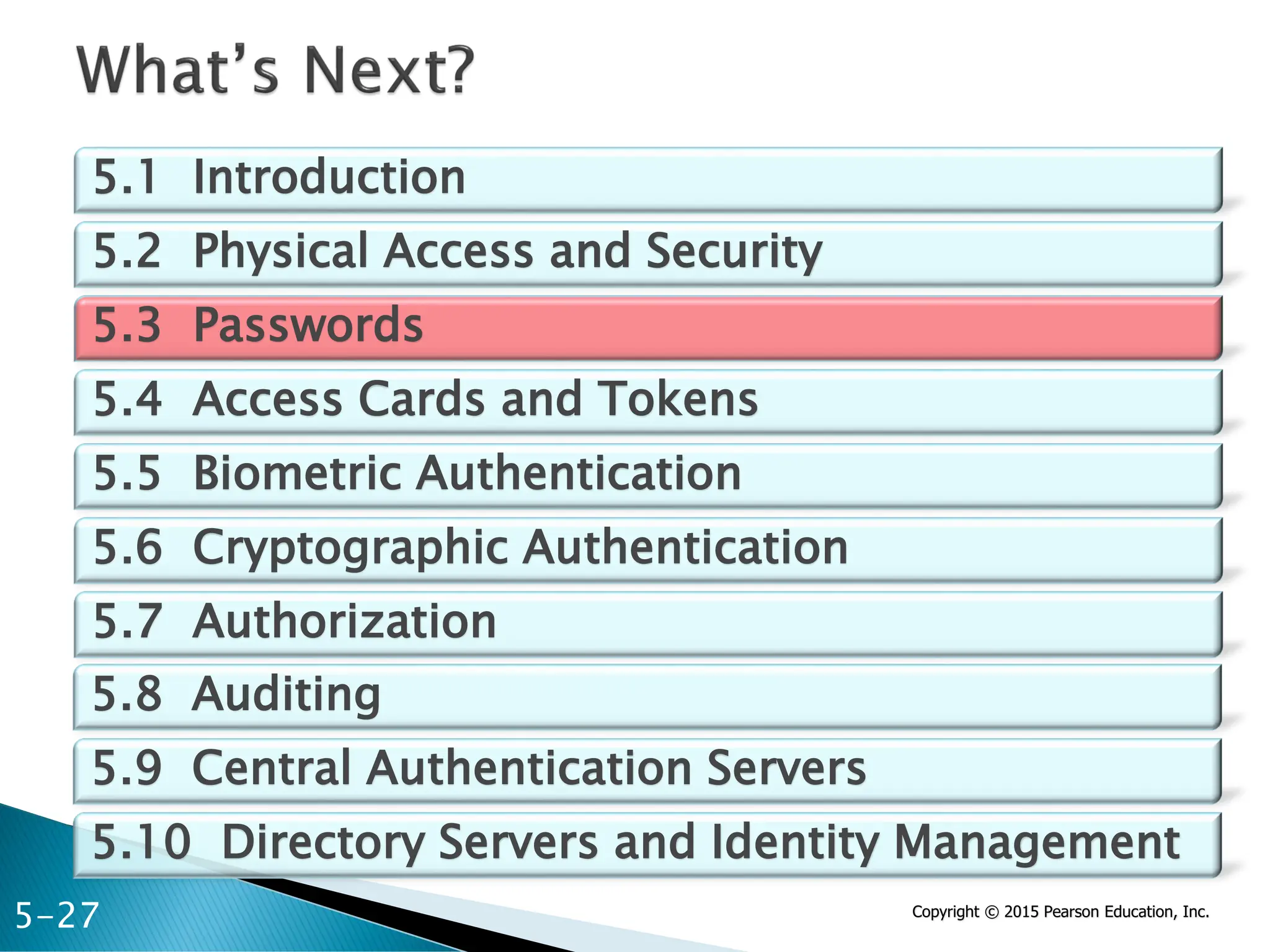 Copyright © 2015 Pearson Education, Inc.
5.1 Introduction
5.2 Physical Access and Security
5.3 Passwords
5.4 Access Cards and Tokens
5.5 Biometric Authentication
5.6 Cryptographic Authentication
5.7 Authorization
5-27
5.8 Auditing
5.9 Central Authentication Servers
5.10 Directory Servers and Identity Management
 