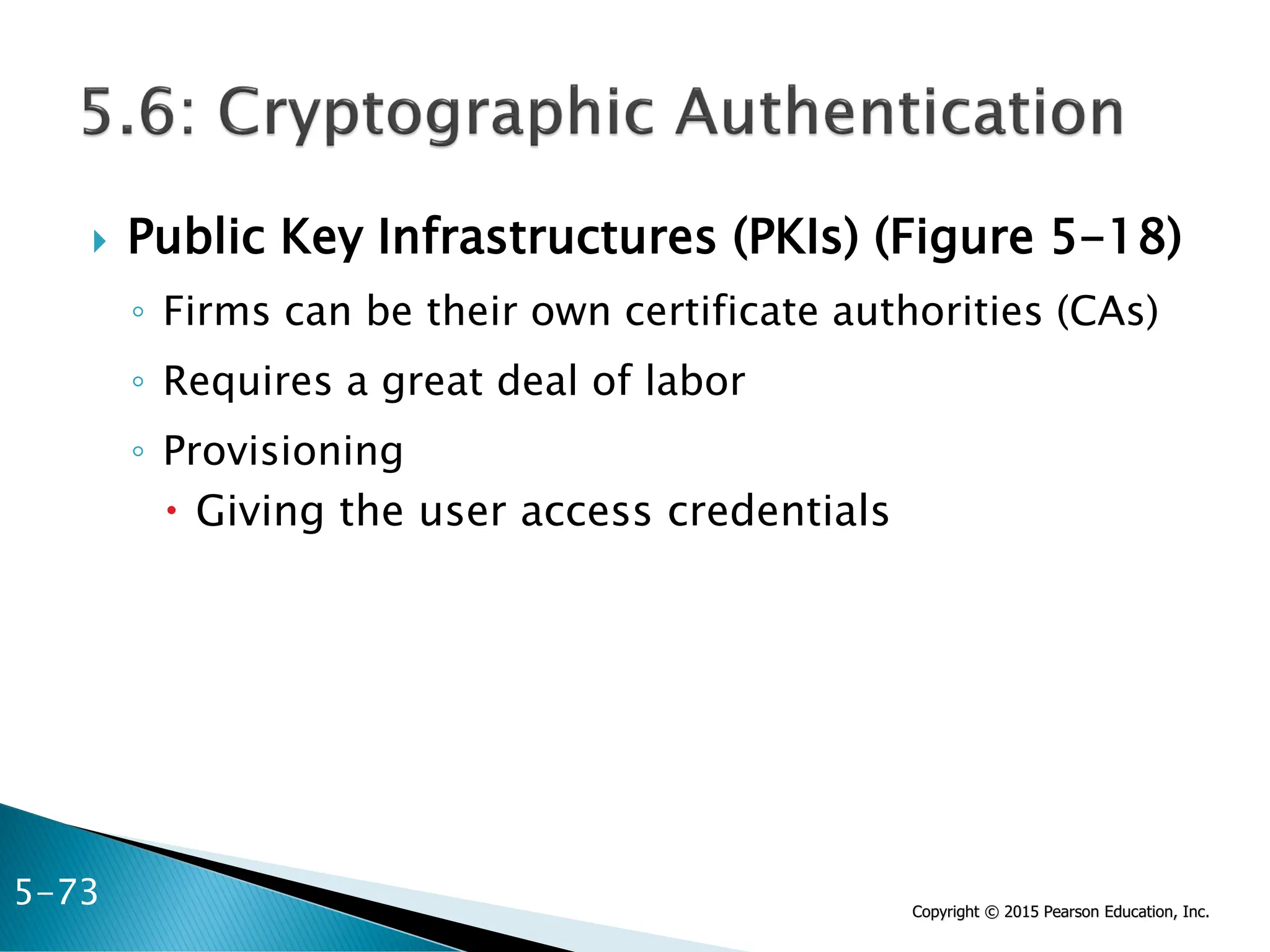 Copyright © 2015 Pearson Education, Inc.
 Public Key Infrastructures (PKIs) (Figure 5-18)
◦ Firms can be their own certificate authorities (CAs)
◦ Requires a great deal of labor
◦ Provisioning
 Giving the user access credentials
5-73
 