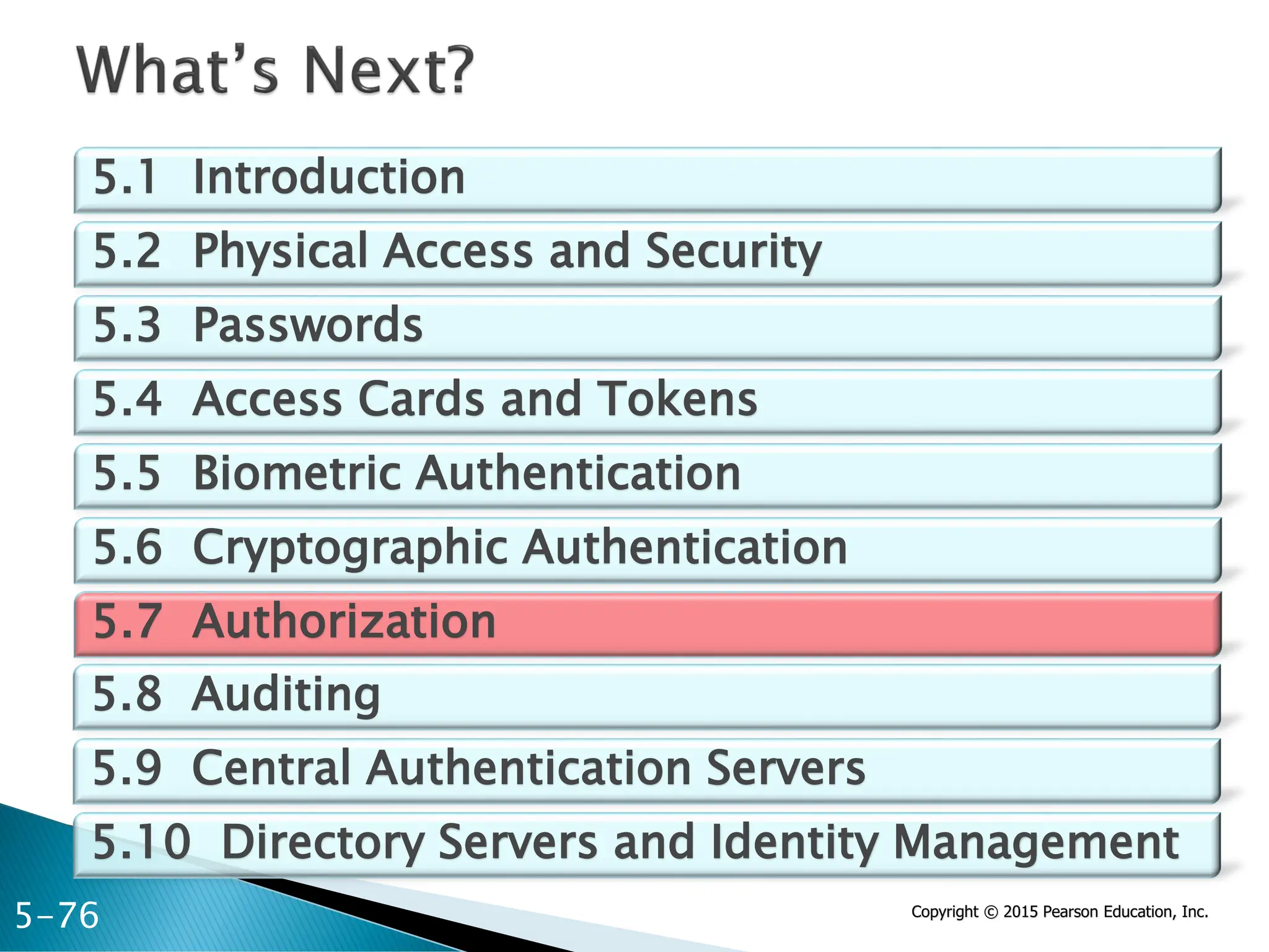 Copyright © 2015 Pearson Education, Inc.
5.1 Introduction
5.2 Physical Access and Security
5.3 Passwords
5.4 Access Cards and Tokens
5.5 Biometric Authentication
5.6 Cryptographic Authentication
5.7 Authorization
5-76
5.8 Auditing
5.9 Central Authentication Servers
5.10 Directory Servers and Identity Management
 