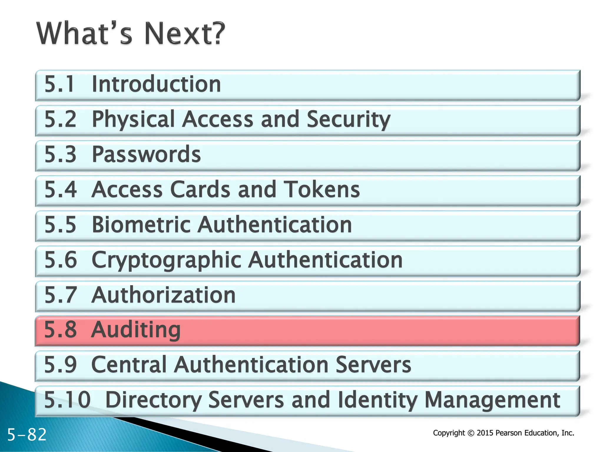 Copyright © 2015 Pearson Education, Inc.
5.1 Introduction
5.2 Physical Access and Security
5.3 Passwords
5.4 Access Cards and Tokens
5.5 Biometric Authentication
5.6 Cryptographic Authentication
5.7 Authorization
5-82
5.8 Auditing
5.9 Central Authentication Servers
5.10 Directory Servers and Identity Management
 