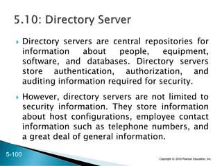 Copyright © 2015 Pearson Education, Inc.
 Directory servers are central repositories for
information about people, equipment,
software, and databases. Directory servers
store authentication, authorization, and
auditing information required for security.
 However, directory servers are not limited to
security information. They store information
about host configurations, employee contact
information such as telephone numbers, and
a great deal of general information.
5-100
 