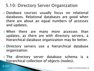 Copyright © 2015 Pearson Education, Inc.
 Database courses usually focus on relational
databases. Relational databases are good when
there are about an equal numbers of accesses
and updates.
 When there are many more accesses than
updates, as there are with directory servers, a
hierarchical database organization may be better.
 Directory servers use a hierarchical database
organization.
 The directory server database schema is a
hierarchical collection of objects (nodes).
5-101
 