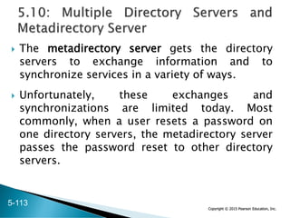 Copyright © 2015 Pearson Education, Inc.
 The metadirectory server gets the directory
servers to exchange information and to
synchronize services in a variety of ways.
 Unfortunately, these exchanges and
synchronizations are limited today. Most
commonly, when a user resets a password on
one directory servers, the metadirectory server
passes the password reset to other directory
servers.
5-113
 