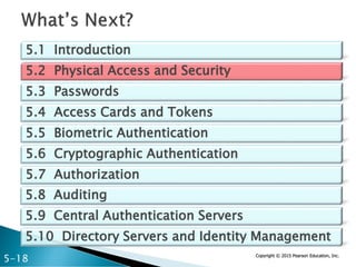 Copyright © 2015 Pearson Education, Inc.
5.1 Introduction
5.2 Physical Access and Security
5.3 Passwords
5.4 Access Cards and Tokens
5.5 Biometric Authentication
5.6 Cryptographic Authentication
5.7 Authorization
5.8 Auditing
5.9 Central Authentication Servers
5.10 Directory Servers and Identity Management
5-18
 