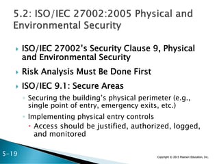 Copyright © 2015 Pearson Education, Inc.
 ISO/IEC 27002’s Security Clause 9, Physical
and Environmental Security
 Risk Analysis Must Be Done First
 ISO/IEC 9.1: Secure Areas
◦ Securing the building’s physical perimeter (e.g.,
single point of entry, emergency exits, etc.)
◦ Implementing physical entry controls
 Access should be justified, authorized, logged,
and monitored
5-19
 