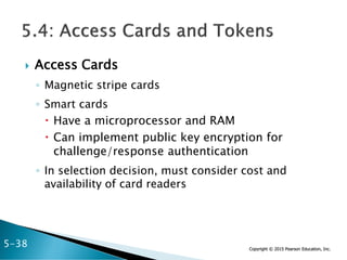 Copyright © 2015 Pearson Education, Inc.
 Access Cards
◦ Magnetic stripe cards
◦ Smart cards
 Have a microprocessor and RAM
 Can implement public key encryption for
challenge/response authentication
◦ In selection decision, must consider cost and
availability of card readers
5-38
 
