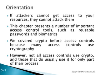 Copyright © 2015 Pearson Education, Inc.
 If attackers cannot get access to your
resources, they cannot attack them
 This chapter presents a number of important
access control tools, such as reusable
passwords and biometrics
 We covered crypto before access controls
because many access controls use
cryptography
 However, not all access controls use crypto,
and those that do usually use it for only part
of their process
5-3
 