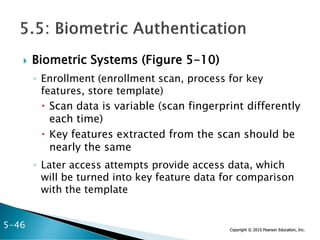 Copyright © 2015 Pearson Education, Inc.
 Biometric Systems (Figure 5-10)
◦ Enrollment (enrollment scan, process for key
features, store template)
 Scan data is variable (scan fingerprint differently
each time)
 Key features extracted from the scan should be
nearly the same
◦ Later access attempts provide access data, which
will be turned into key feature data for comparison
with the template
5-46
 