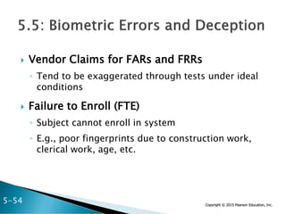 Copyright © 2015 Pearson Education, Inc.
 Vendor Claims for FARs and FRRs
◦ Tend to be exaggerated through tests under ideal
conditions
 Failure to Enroll (FTE)
◦ Subject cannot enroll in system
◦ E.g., poor fingerprints due to construction work,
clerical work, age, etc.
5-54
 