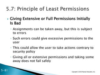 Copyright © 2015 Pearson Education, Inc.
 Giving Extensive or Full Permissions Initially
Is Bad
◦ Assignments can be taken away, but this is subject
to errors
◦ Such errors could give excessive permissions to the
user
◦ This could allow the user to take actions contrary to
security policy
◦ Giving all or extensive permissions and taking some
away does not fail safely
5-81
 