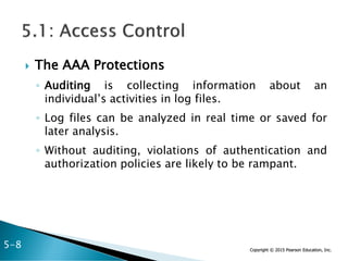 Copyright © 2015 Pearson Education, Inc.
 The AAA Protections
◦ Auditing is collecting information about an
individual’s activities in log files.
◦ Log files can be analyzed in real time or saved for
later analysis.
◦ Without auditing, violations of authentication and
authorization policies are likely to be rampant.
5-8
 