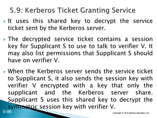 Copyright © 2015 Pearson Education, Inc.
 It uses this shared key to decrypt the service
ticket sent by the Kerberos server.
 The decrypted service ticket contains a session
key for Supplicant S to use to talk to verifier V. It
may also list permissions that Supplicant S should
have on verifier V.
 When the Kerberos server sends the service ticket
to Supplicant S, it also sends the session key with
verifier V encrypted with a key that only the
supplicant and the Kerberos server share.
Supplicant S uses this shared key to decrypt the
symmetric session key with verifier V.
5-96
 