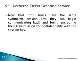 Copyright © 2015 Pearson Education, Inc.
 Now that both hosts have the same
symmetric session key, they can begin
communicating back and forth, encrypting
their transmission for confidentiality with the
session key.
5-97
 