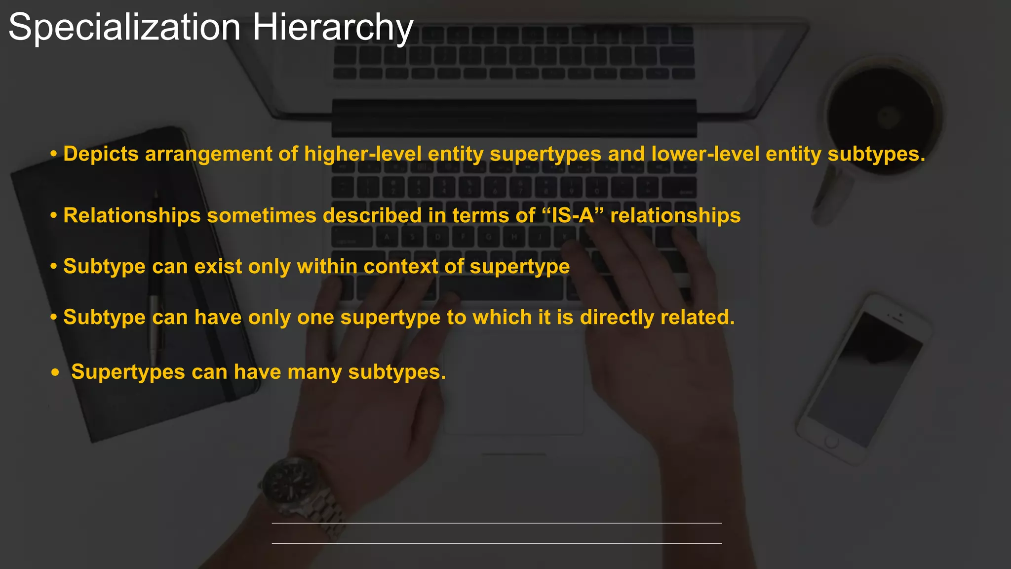 Specialization Hierarchy
• Depicts arrangement of higher-level entity supertypes and lower-level entity subtypes.
• Relationships sometimes described in terms of “IS-A” relationships
• Subtype can exist only within context of supertype
• Subtype can have only one supertype to which it is directly related.
• Supertypes can have many subtypes.
 