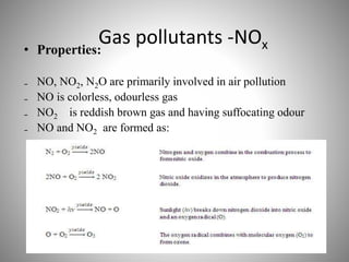Gas pollutants -NOx• Properties:
₋ NO, NO2, N2O are primarily involved in air pollution
₋ NO is colorless, odourless gas
₋ NO2 is reddish brown gas and having suffocating odour
₋ NO and NO2 are formed as:
 