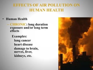 EFFECTS OF AIR POLLUTION ON
HUMAN HEALTH
• Human Health
– CHRONIC: long duration
exposure and/or long term
effects
Examples:
lung cancer
heart disease
damage to brain,
nerves, liver,
kidneys, etc.
 
