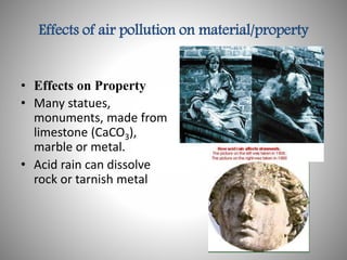 Effects of air pollution on material/property
• Effects on Property
• Many statues,
monuments, made from
limestone (CaCO3),
marble or metal.
• Acid rain can dissolve
rock or tarnish metal
 