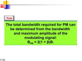 5.36
The total bandwidth required for PM can
be determined from the bandwidth
and maximum amplitude of the
modulating signal:
BPM = 2(1 + β)B.
Note
 