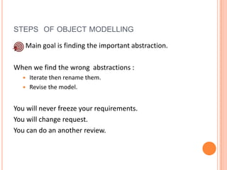 steps  of objectmodellingMaingoal is findingtheimportantabstraction. Whenwefindthewrongabstractions : Iteratethenrenamethem.Revisethe model.Youwillneverfreezeyourrequirements.Youwillchangerequest.You can do an anotherreview.