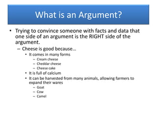 What is an Argument?Trying to convince someone with facts and data that one side of an argument is the RIGHT side of the argument.Cheese is good because…It comes in many formsCream cheeseCheddar cheeseCheese cakeIt is full of calciumIt can be harvested from many animals, allowing farmers to expand their waresGoatCowCamel