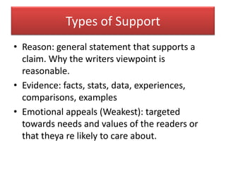 Types of SupportReason: general statement that supports a claim. Why the writers viewpoint is reasonable.Evidence: facts, stats, data, experiences, comparisons, examplesEmotional appeals (Weakest): targeted towards needs and values of the readers or that theya re likely to care about.