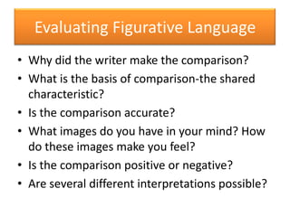 Evaluating Figurative LanguageWhy did the writer make the comparison?What is the basis of comparison-the shared characteristic?Is the comparison accurate?What images do you have in your mind? How do these images make you feel?Is the comparison positive or negative?Are several different interpretations possible?