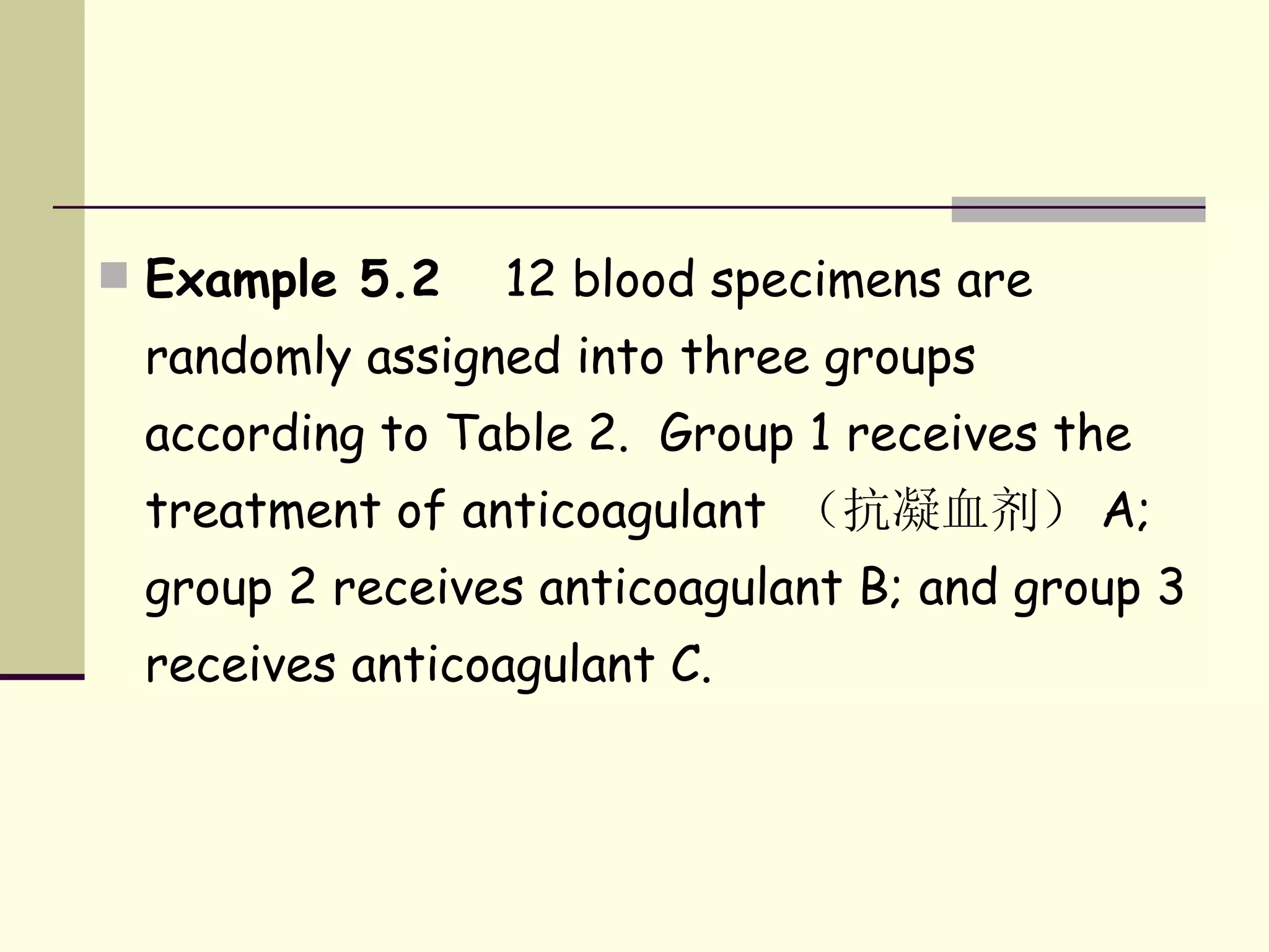 Example 5.2  12 blood specimens are randomly assigned into three groups according to Table 2.  Group 1 receives the treatment of anticoagulant  （抗凝血剂） A; group 2 receives anticoagulant B; and group 3 receives anticoagulant C.  