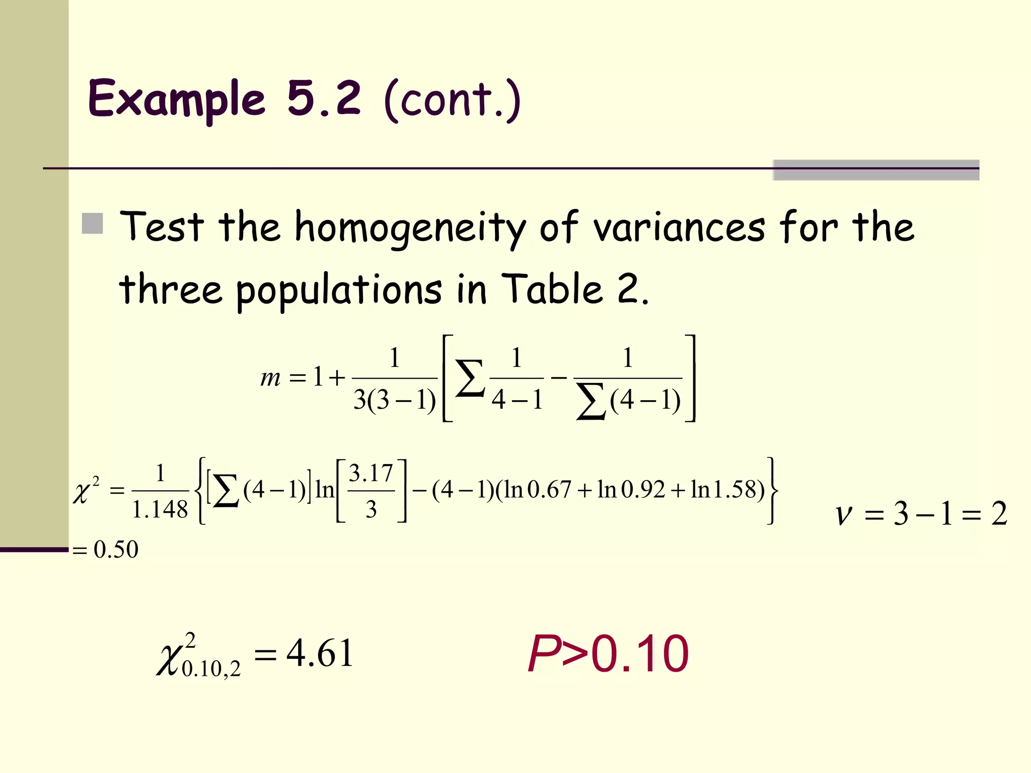Example 5.2  (cont.) Test the homogeneity of variances for the three populations in Table 2. P >0.10  