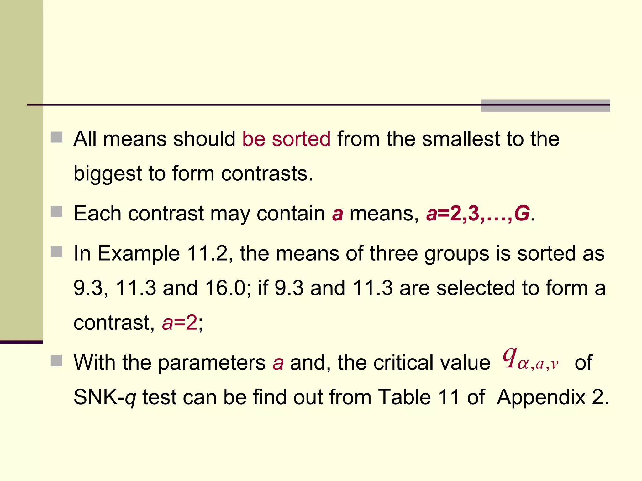 All means should  be sorted  from the smallest to the biggest to form contrasts.  Each contrast may contain  a  means,  a =2,3,…, G .  In Example 11.2, the means of three groups is sorted as 9.3, 11.3 and 16.0; if 9.3 and 11.3 are selected to form a contrast,  a =2 ;  With the parameters  a   and, the critical value  of SNK- q  test can be find out from Table 11 of  Appendix 2.  