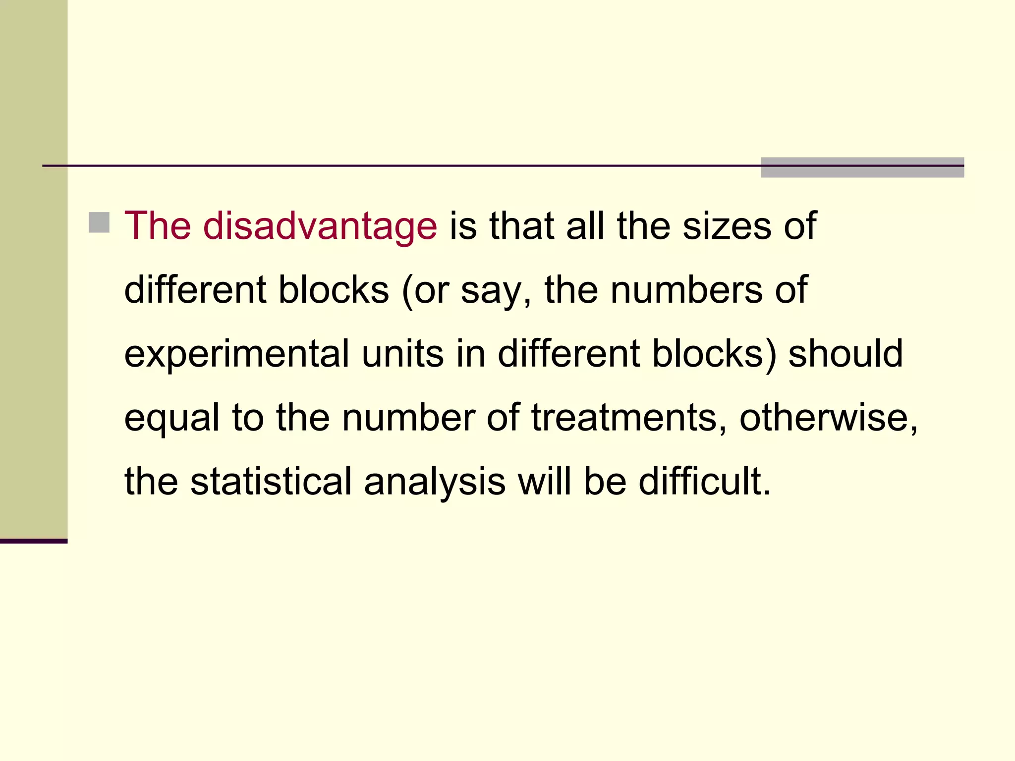 The disadvantage  is that all the sizes of different blocks (or say, the numbers of experimental units in different blocks) should equal to the number of treatments, otherwise, the statistical analysis will be difficult.  