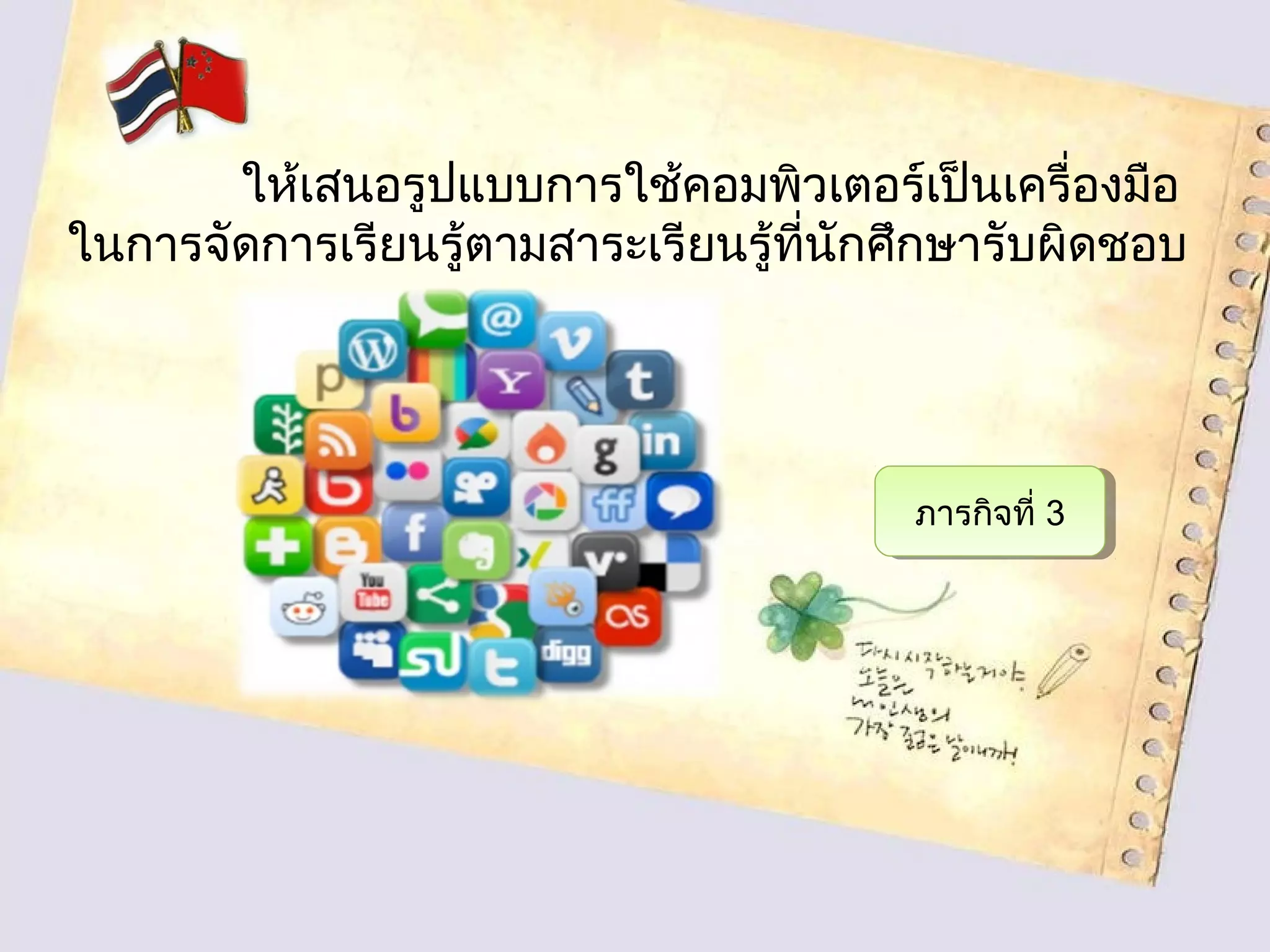 ภารกิจที่ 3ภารกิจที่ 3
ให้เสนอรูปแบบการใช้คอมพิวเตอร์เป็นเครื่องมือ
ในการจัดการเรียนรู้ตามสาระเรียนรู้ที่นักศึกษารับผิดชอบ
 