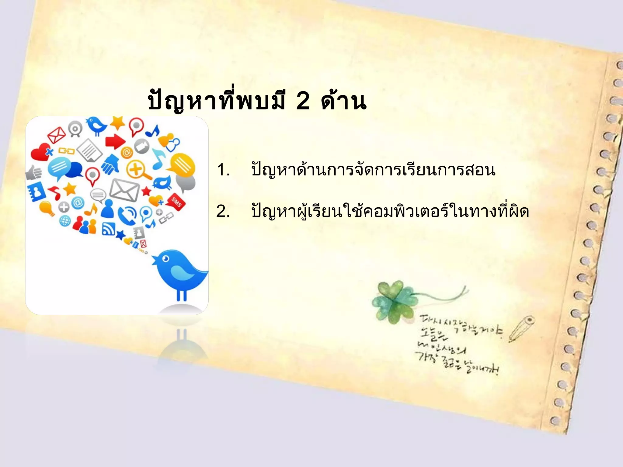 ปัญหาที่พบมี 2 ด้าน
1. ปัญหาด้านการจัดการเรียนการสอน
2. ปัญหาผู้เรียนใช้คอมพิวเตอร์ในทางที่ผิด
 