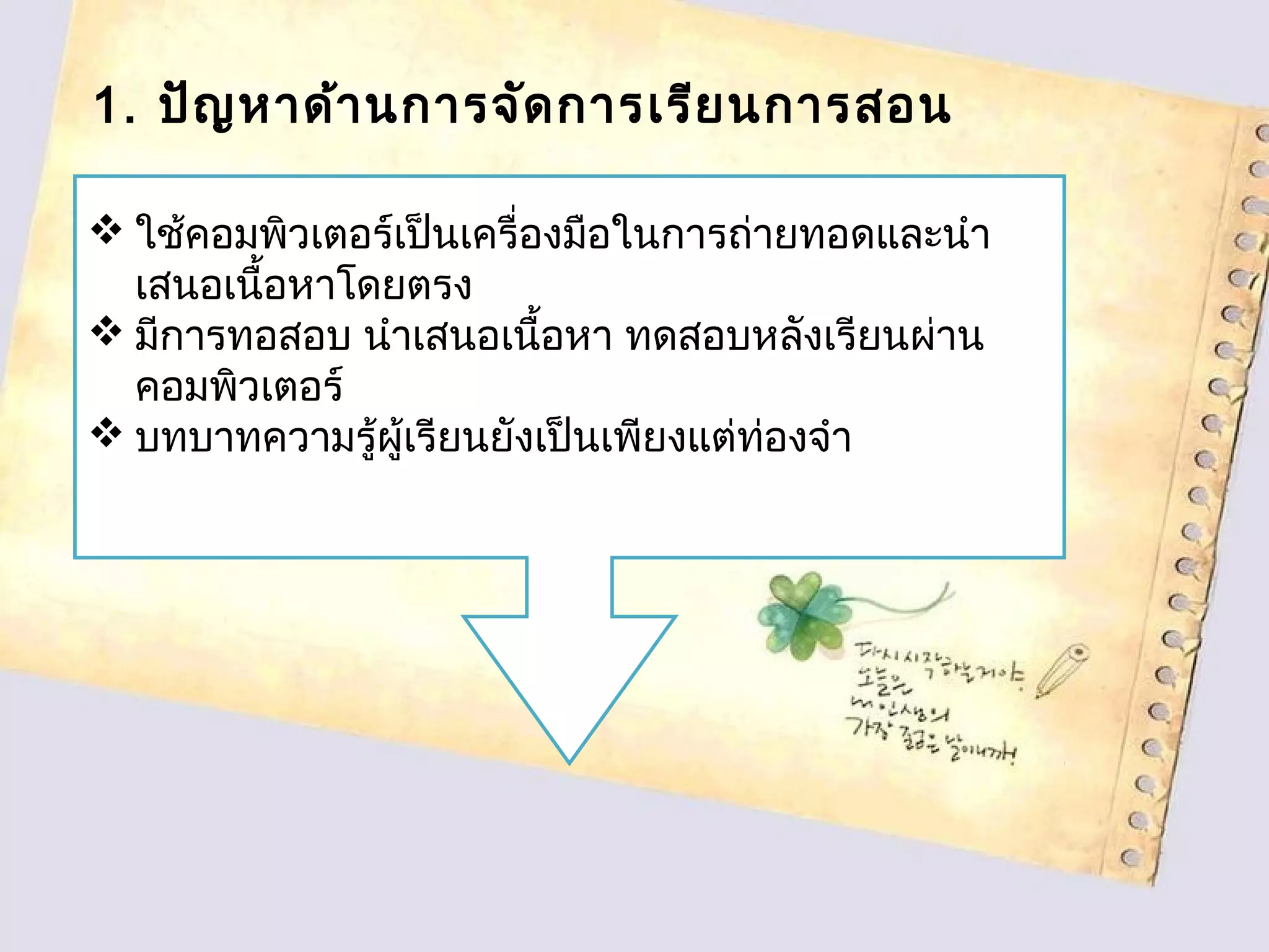 1. ปัญหาด้านการจัดการเรียนการสอน
 ใช้คอมพิวเตอร์เป็นเครื่องมือในการถ่ายทอดและนำา
เสนอเนื้อหาโดยตรง
 มีการทอสอบ นำาเสนอเนื้อหา ทดสอบหลังเรียนผ่าน
คอมพิวเตอร์
 บทบาทความรู้ผู้เรียนยังเป็นเพียงแต่ท่องจำา
 