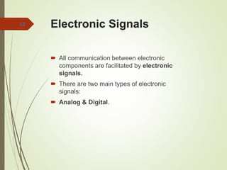 Electronic Signals
 All communication between electronic
components are facilitated by electronic
signals.
 There are two main types of electronic
signals:
 Analog & Digital.
13
 