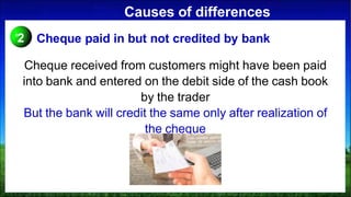 Causes of differences
Cheque received from customers might have been paid
into bank and entered on the debit side of the cash book
by the trader
But the bank will credit the same only after realization of
the cheque
2 Cheque paid in but not credited by bank
 