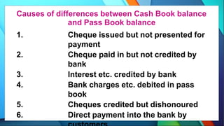 Causes of differences between Cash Book balance
and Pass Book balance
1. Cheque issued but not presented for
payment
2. Cheque paid in but not credited by
bank
3. Interest etc. credited by bank
4. Bank charges etc. debited in pass
book
5. Cheques credited but dishonoured
6. Direct payment into the bank by
 